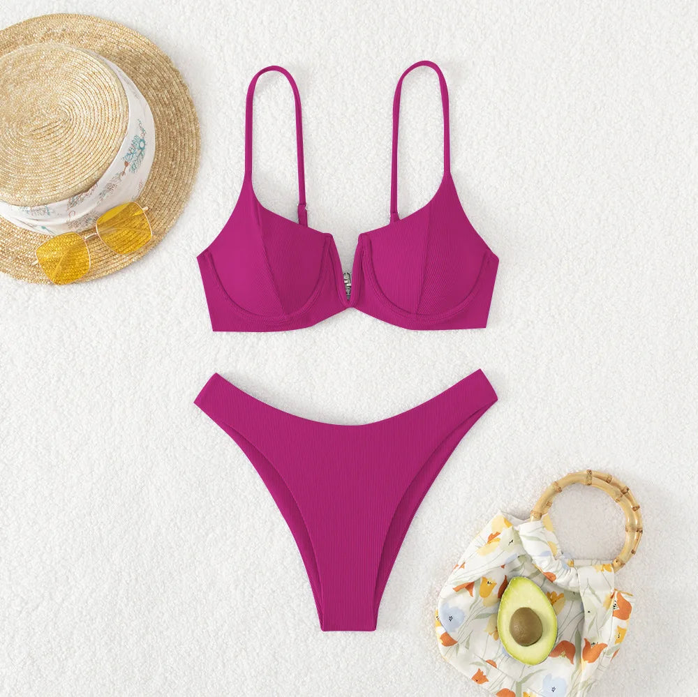 Sexy Underwired BikiniS 2024 Mujer Women Solid V-bra Push Up Two pieces Bikini Set High Cut Bathing Suit Padded Thong Swimsuit