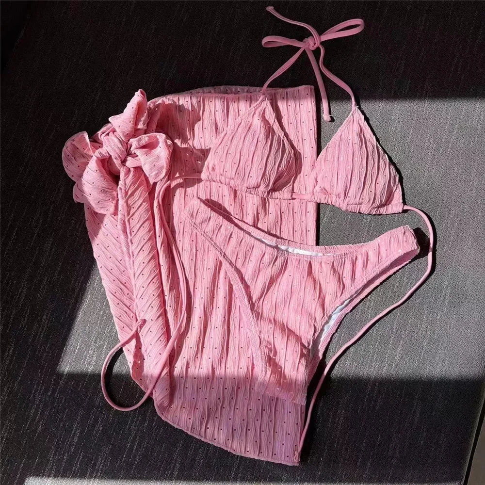 White Swimwear with Cover Up Halter Micro Thong 3 Piece Bikini Set Women Textured Swimsuit String Bathing Suit Bikinis Beachwear
