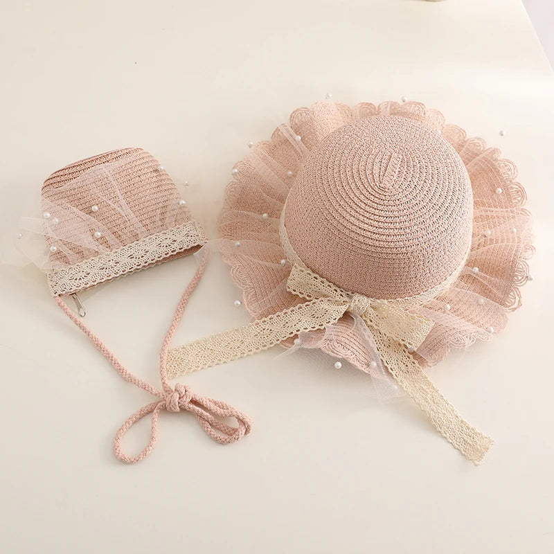 Kids Girls Wide Brim Straw Woven Cap Sun Protection Beach Hat Lace Pearl Summer Floppy Bucket Cap Portable Handbag панама