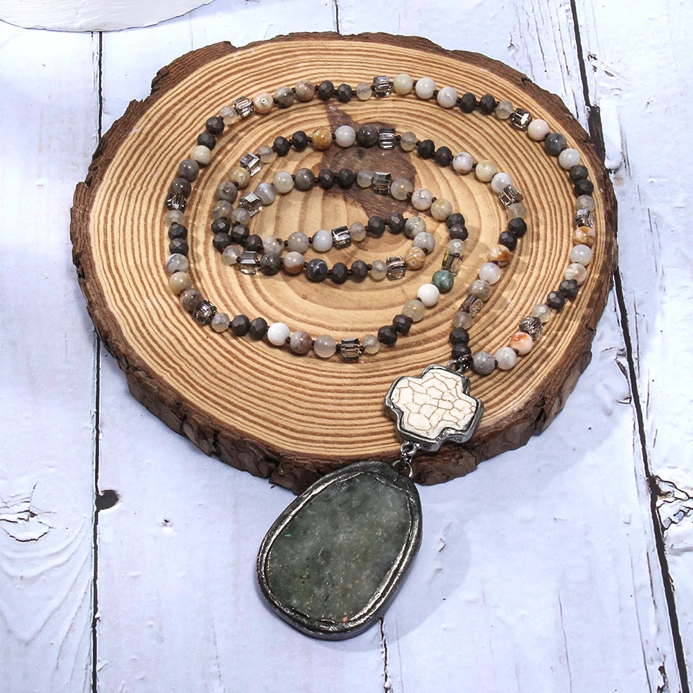 Summer New Bohemian Style Women's Jewelry 6mm Natural Stone Glass Knot Necklace Cross Elliptical Stone Pendant Necklace Sweater