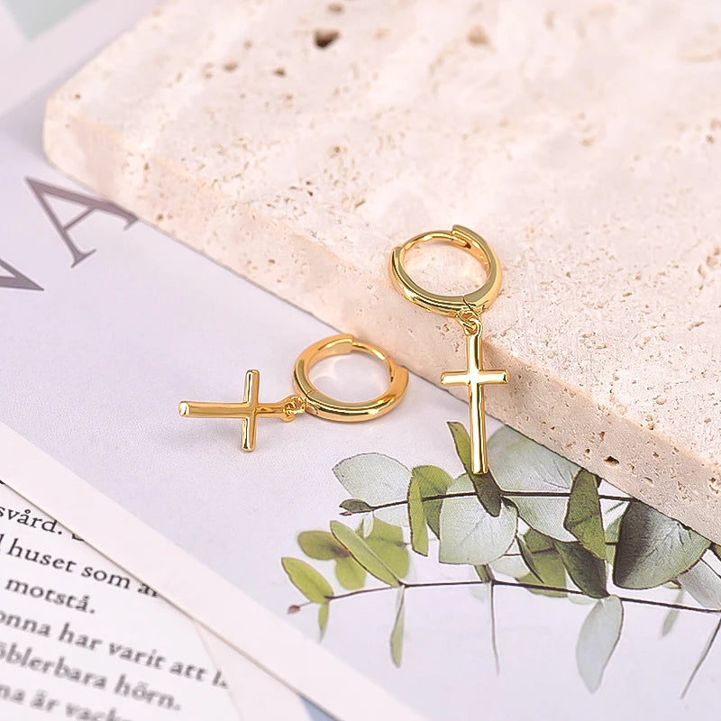 925 Sterling Silver Minimalist Jesus Cross Pendant Earrings Gold/Silver  Hoop Earrings Fashion Wedding Party Earrings Jewelry