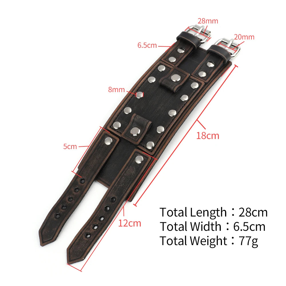 Vintage Punk Leather Cuff Strap 20mm Men's Wrist Watch Band with Mat Double Buckle Rivet Watchband Bracelet Watches Accessories