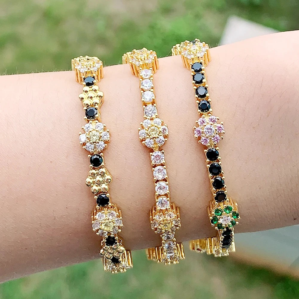 2025 Spring New Design Colorful Flower Charm White Black Rainbow CZ Tennis Chain Bracelet Women Fashion Jewelry