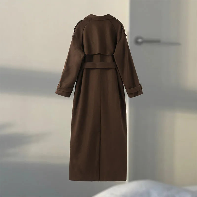 Elegant Woolen Long Coats Women Double-breasted Turn-down Collar Full Sleeves Jackets 2025 Autumn Winter Fashion Outwears Lady