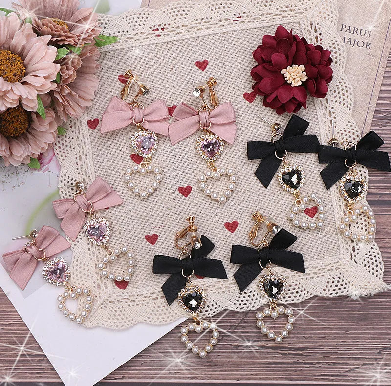 Japanese Style Lolita Sweet Bownot Rhinestone Pearl Heart Shaped Drop Earrings 925 Silver Pin Ear Clip Women Girls Earrings