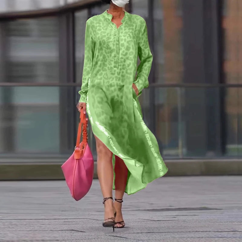 Elegant Leopard Print Long Sleeve Party Dress Woman Spring Summer Casual Button A-Line Dresses Fashion Vacation Split Long Dress