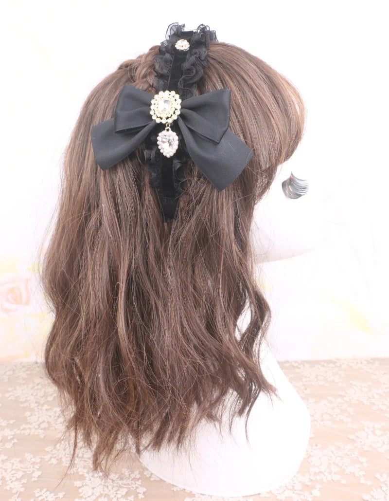 Sweet Hair Accessories Bow Head Band for Women Kawaii Lolita Diamond Bowknot Ruffles Hairbands Soft Girl Headwear
