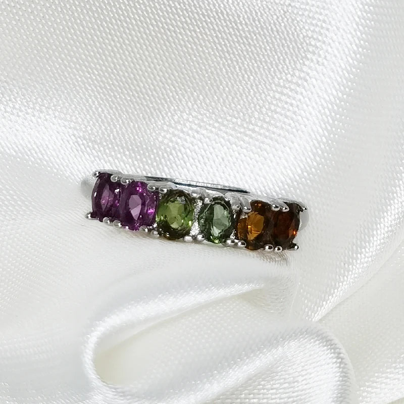 MeiBaPJ Natural Tourmaline Gemstone Fashion Colorful Stone Flower Ring for Women Real 925 Sterling Silver Charm Fine Jewelry