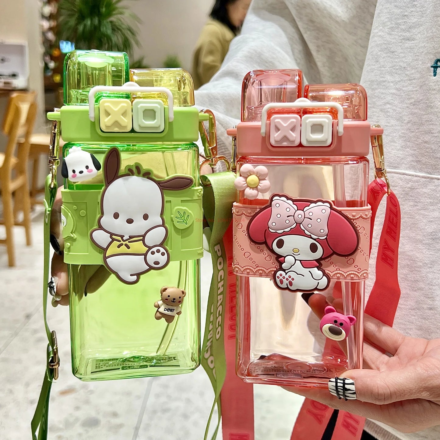520ml Sanrio Melody Pompompurin Kuromi Cinnamoroll Plastic Bottle Double Drink Cup Students Cartoon Large Capacity Water Bottle