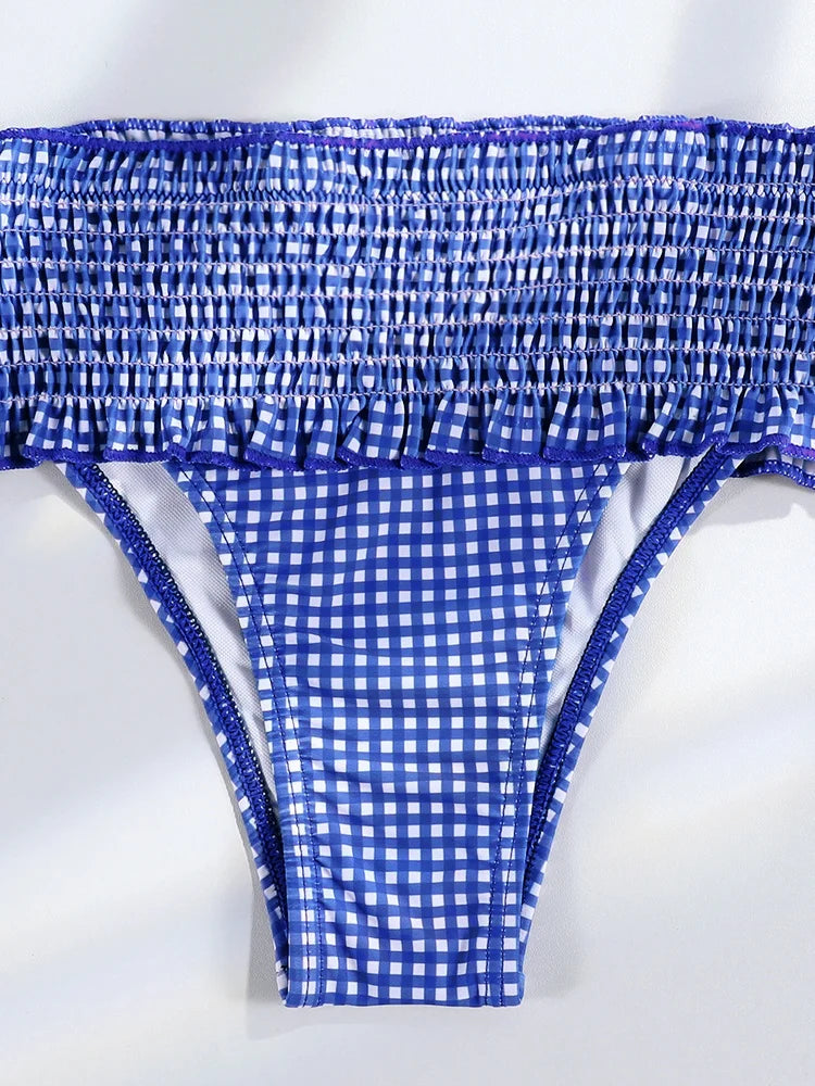 Miyouj Bow Bikinis 2024 Biquin Pleated Swimsuit Women Plaid Print Bikini Set Sexy Swimwear Push Up Beachwear Low Waist Bath Suit