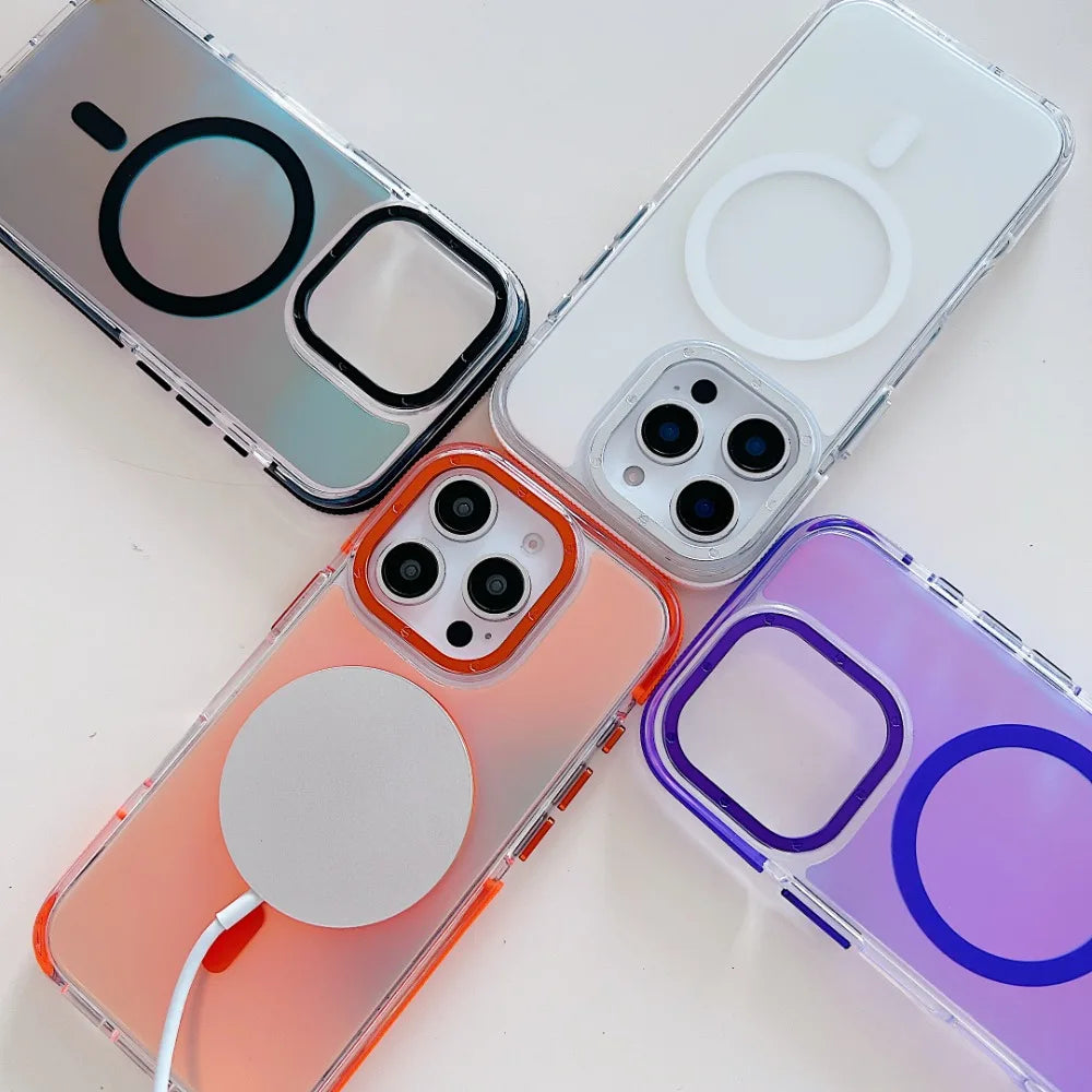 Stylish Metal Lens Magnetic Phone Case for IPhone 17 16 15 14 13 12 11 Pro Max Plus MagSafe Wireless Gradual Change Color Cover