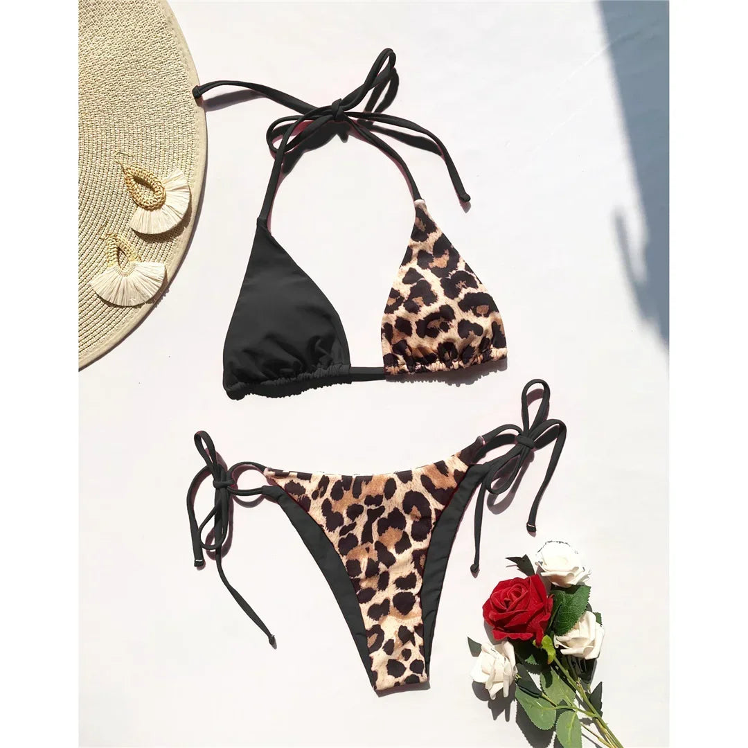 Halter Splicing Leopard Bikinis 2025 Satin Bikini Female Swimsuit Women Swimwear Two-pieces Bikini Set Micro Bathing Suit Swim