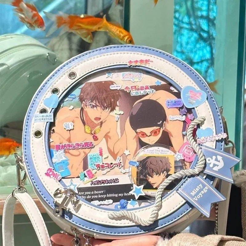 Y2K Cute Nautical Theme Ita Bag Kawaii Girl Transparent Shoulder Bag DIY Display Backpack Students Round Messenger Crossbody Bag
