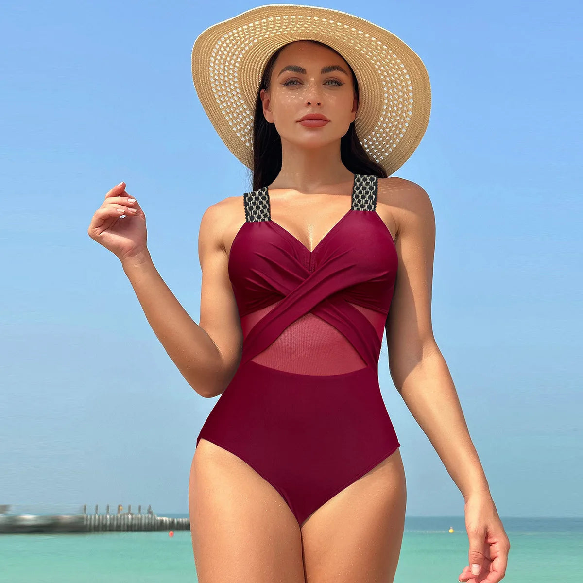 Sexy One Piece Swimsuit Women's Pure Color Mesh Bikini Swimsuit Summer New