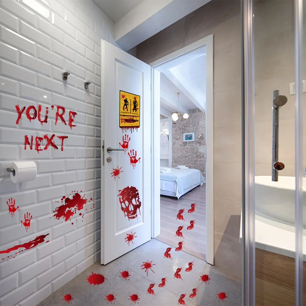 Halloween Window Bathroom Decor Horror Bloodstain Wall Sticker Bloody Handprint and Footprint Wall Decal Haunted House Decor