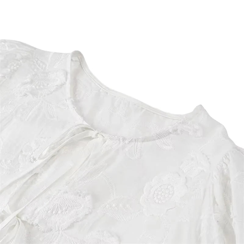 Lamuusaa Babydoll Tops Women y2k Clothes Floral Embroidery Round Neck Puff Short Sleeve Shirts Elegant White Blouses Streetwear