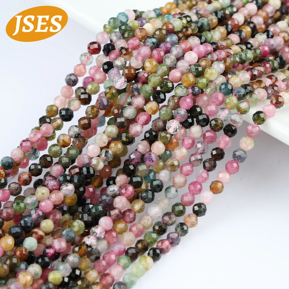 Natural Colorful Tourmaline Faceted Beads Round Loose Spacer Beads for Jewelry Making 3/3.5mm Bracelet DIY Accessories Charms