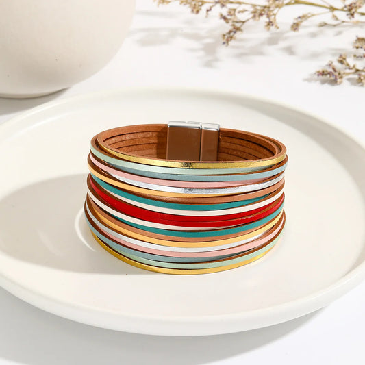 Bohemian Rainbow Leather Multi-layer Magnetic Buckle Bracelet For Women Fashion Vacation Style Jewelry Friends Gifts
