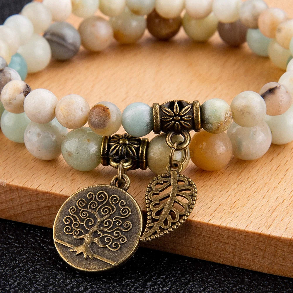 Natural Semi Precious Gemstone Beads Bracelet for Women Life Tree and Leaf Charm Energy Reiki Crystal Stretch Bracelets Jewelry