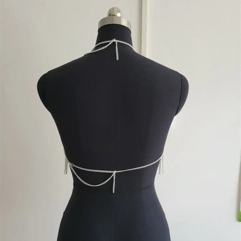 Shiny Body Chain Tank Top for Women Metallic Shining Detail Fringe Trim Halter Harness Bra Chain Festival Party Outfits Tops