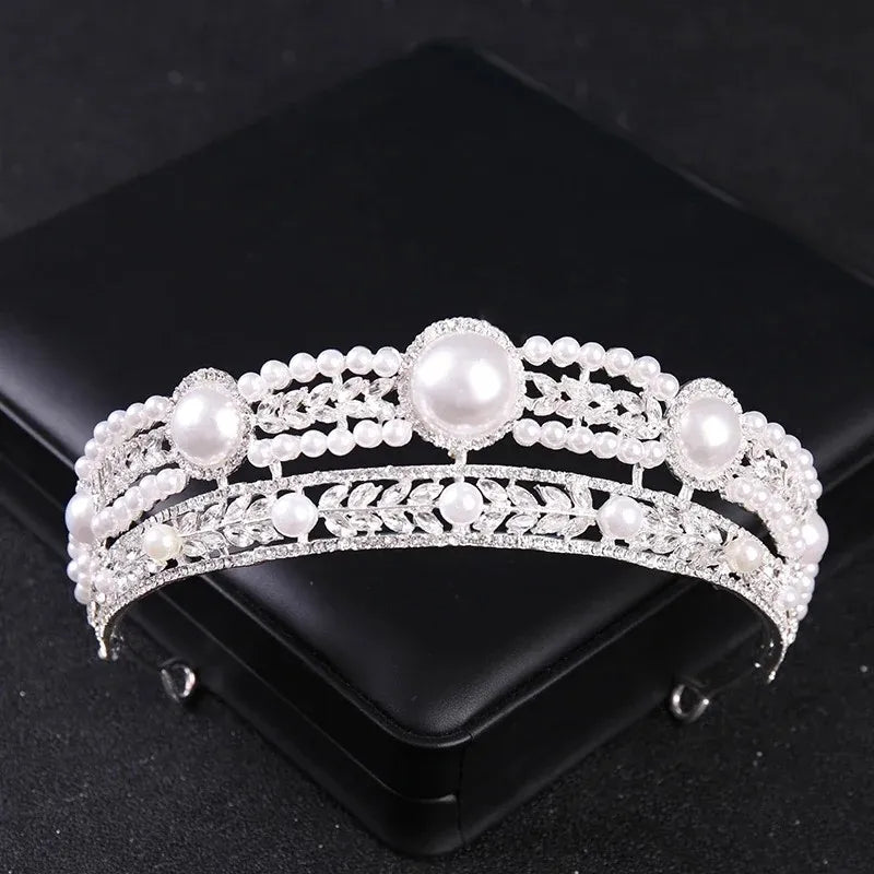 Luxury Silver Color Crystal Pearls Bridal Tiaras Crown Baroque Rhinestone Pageant Diadem Bride Headband Wedding Hair Accessories