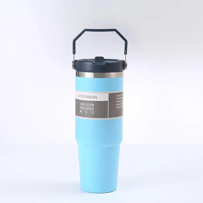 Stainless Steel Thermos Cup with Straw, Portable Car Cup, Travel Sports Water Bottle, Handle Cover, Coffee Vacuum Flask, 30oz