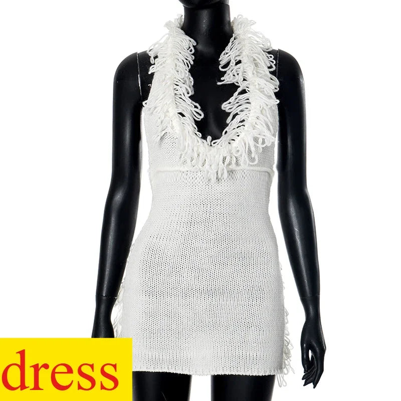 HLJ Sexy Knit Tassels 2 Piece Sets Woman Outfit Long Sleeve Lace-Up Cardigan Tops + Mini Skirts Suits Female Streetwear Clothing
