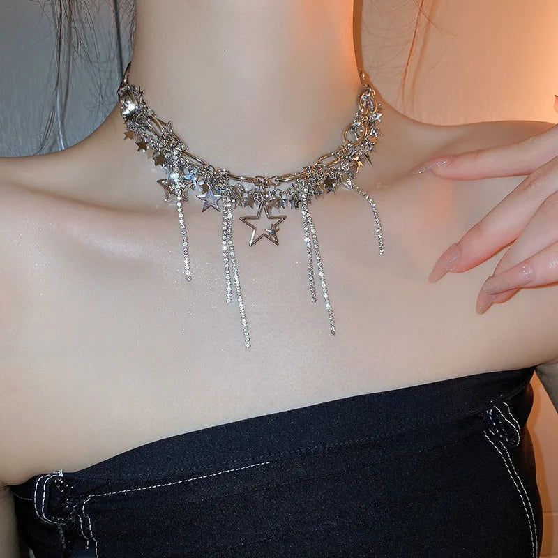 New Punk Style Necklace with Sparkling Zircon Studded Tassel Star Shaped Necklace Lightweight Luxury Necklace Jewelry ﻿Gifts
