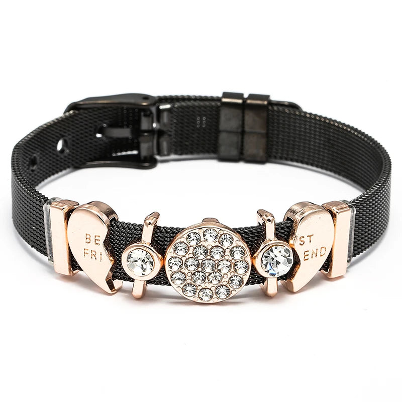 Silver Color Stainless Steel Mesh Bracelets For Women Crystal Santa Claus Beads Charm Watch Belt BraceletsBangles Christmas Gift