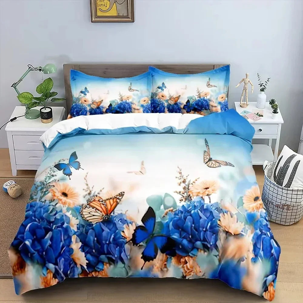 3D Butterfly Flowers Duvet Cover Luxury Home Bedding Set 3 Piece Set with 2 Pillowcases Zipper Family Colleague Christmas Gift