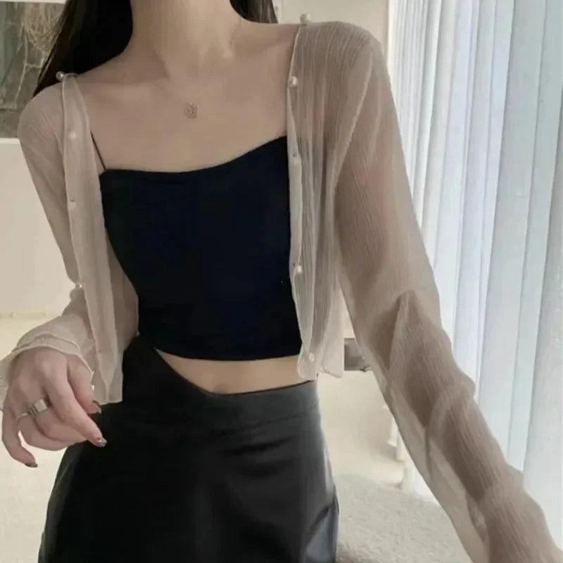 Y2k  White Sun-proof Summer Transparent Short Shirts Female Casual Fashion Thin Shirt Woman Long Sleeve Sun Protection Clothing