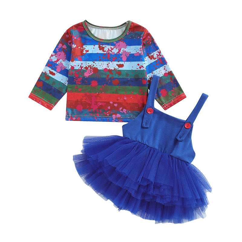 FOCUSNORM 1-5Y Lovely Little Girls Halloween Clothes Sets Bloody Stripe Print Long Sleeve Tops and Lace Tulle Suspender Skirt