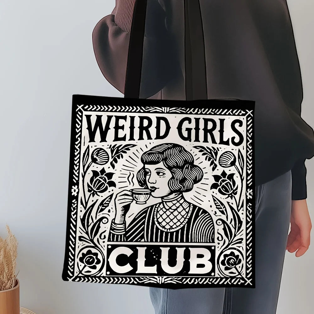 1pc Weird Girls Club Tote Bag Stylish Black & White Floral Design Daily Casual Use Shoulder Bag Christmas Gift for Best Friends