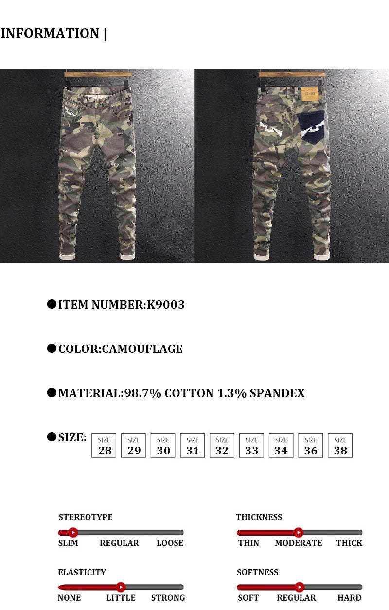 Streetwear Fashion Men Jeans High Quality Stretch Slim Fit Camo Trousers Embroidery Patch Designer Hip Hop Denim Pants Hombre