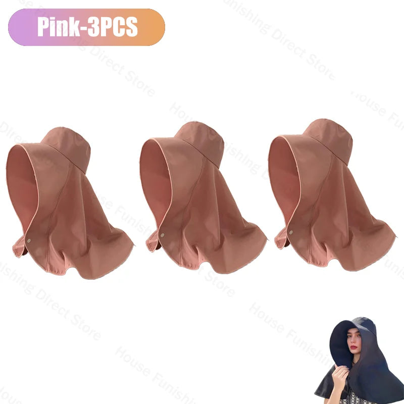 Summer Women Cap Outdoor Uv Anti Neck Protection Sun Visors Hat Fishing Hiking Big Brim Shawl Sunscreen Ponytail Cap Solid Color