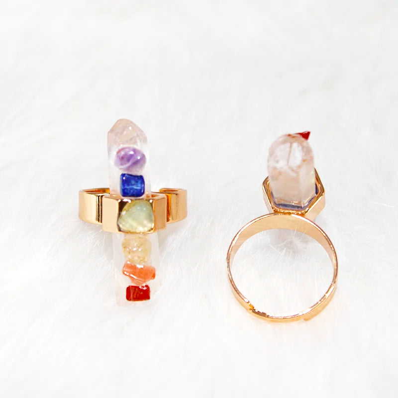 7 Chakra Stone Rings for Women Gold Color Irregular Raw Crystal Resizable Finger Jewelry Yoga Energy Balancing