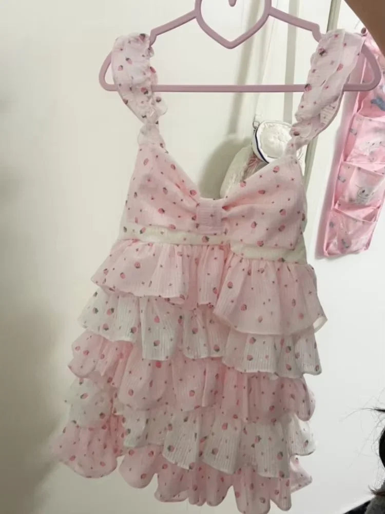 Strawberry Print Cute Dress Women Contrast Patchwork Y2k Aesthetic Dresses Vintage Sleeveless Kawaii Girl JK Ruffled Vestidos