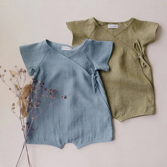 Vintage Linen Cotton Baby Boys Romper Summer Cozy Breathable Short Sleeve Jumpsuit for Newborn Boys Belt Clothing 0-24M