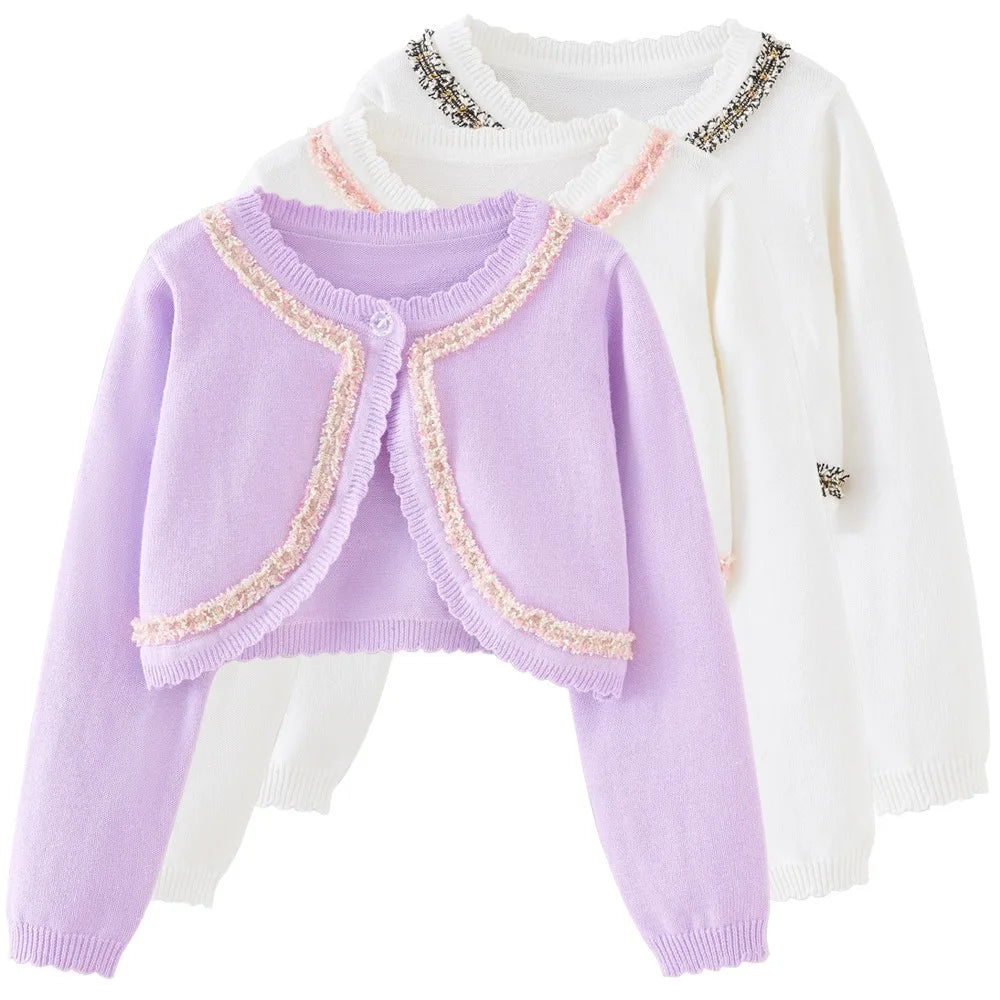 2-14 years old Purple girls Cardigan Thin Spring Children's knit sweater 3 4 6 8 10 12 14 year old children's clothing