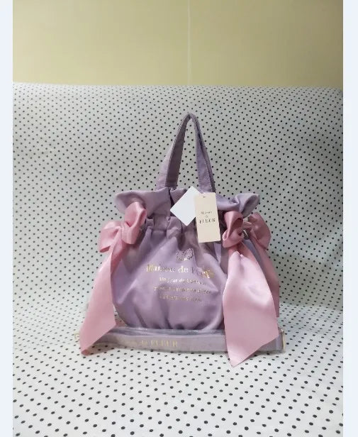 Japanese Style New Double-Sided Drawstring Bags Sweet Cute Girl Ladies Satin Bow Crossbody Shoulder Portable Handbag