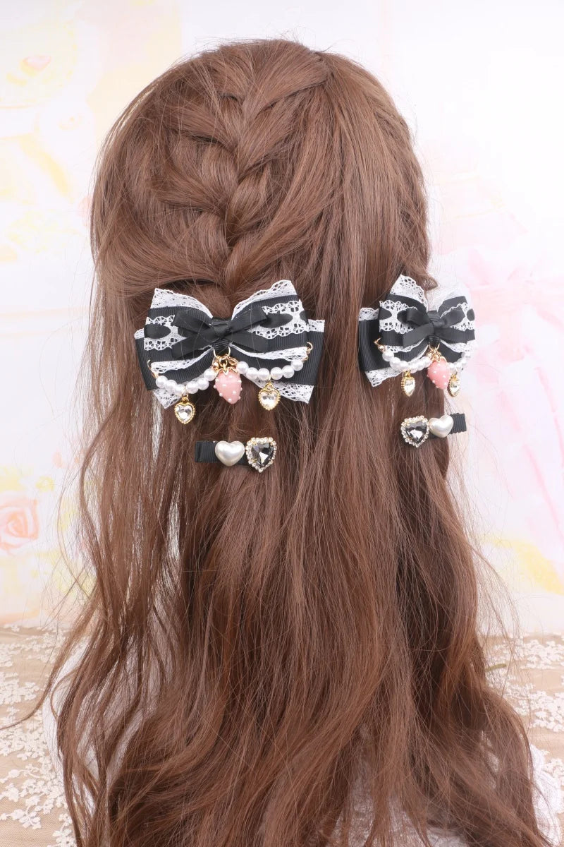 Larme Kei Lace Hair Clips Sweet Girl's Beaded Bow Heart Rhinestone Hair Bows Lolita Strawberry Hair Accessories Gift