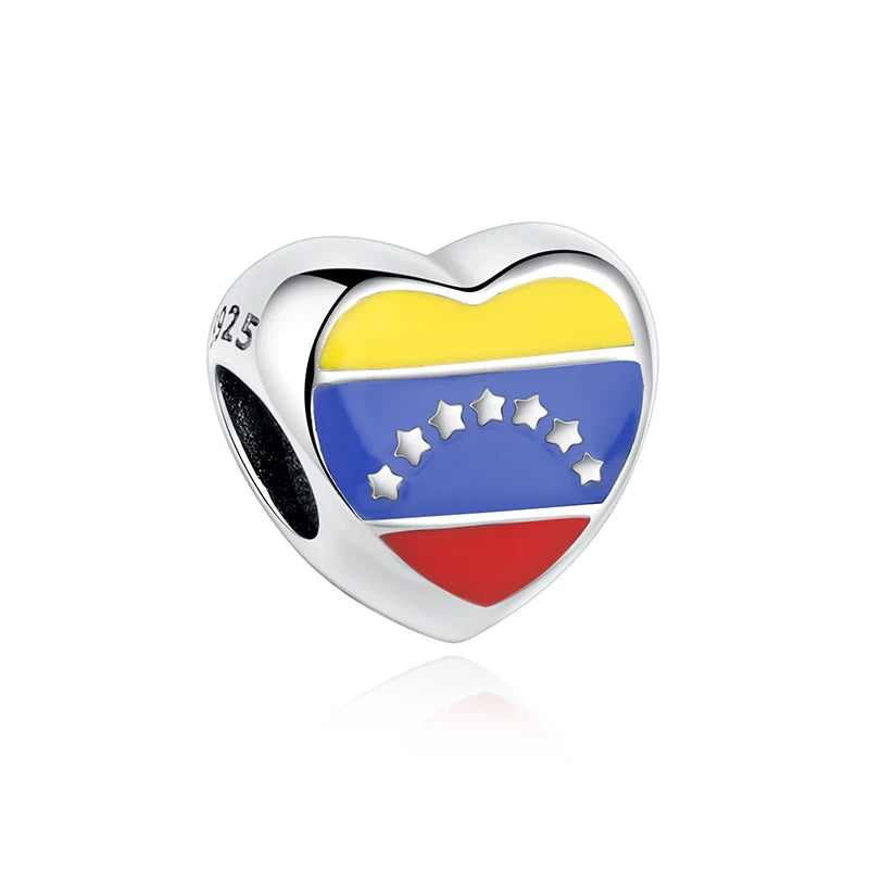 925 Sterling Silver Charms Flag Of Venezuela Heart Pendant Beads Fit Original Pan Brand Bracelets Necklaces Jewelry For Women