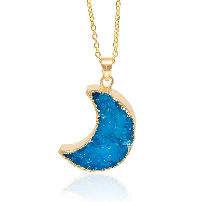 Natural Druzy Quartz Stone Moon Shape Pendant Jewelry Raw Crystal Cluster Jewelry For Women Girls Necklace Making