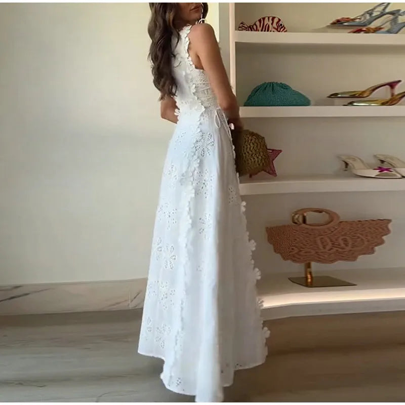 Embroidery Flower Patchwork Long Dress For Women Round Neck Sleeveless Lace Up High Waist Spliced Slim Dresses 2025 Summer New