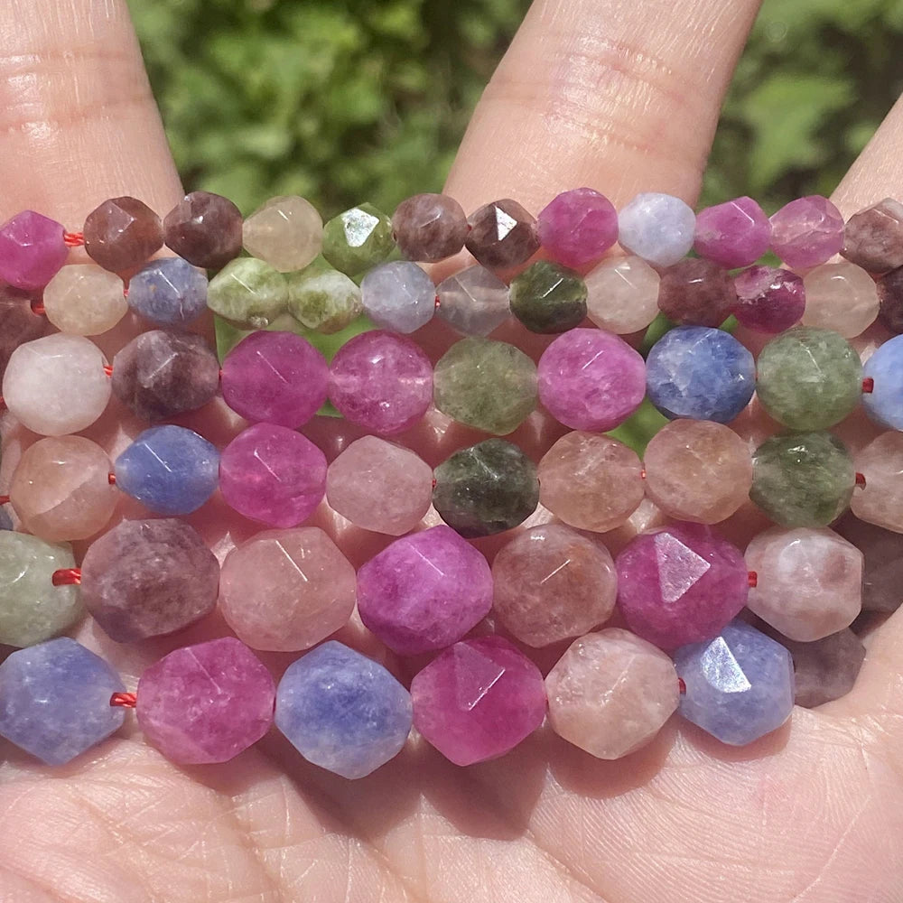 6-10mm Natural Faceted Colorful Tourmaline Loose Beads for Jewelry Making DIY Bracelet Necklace Accessories