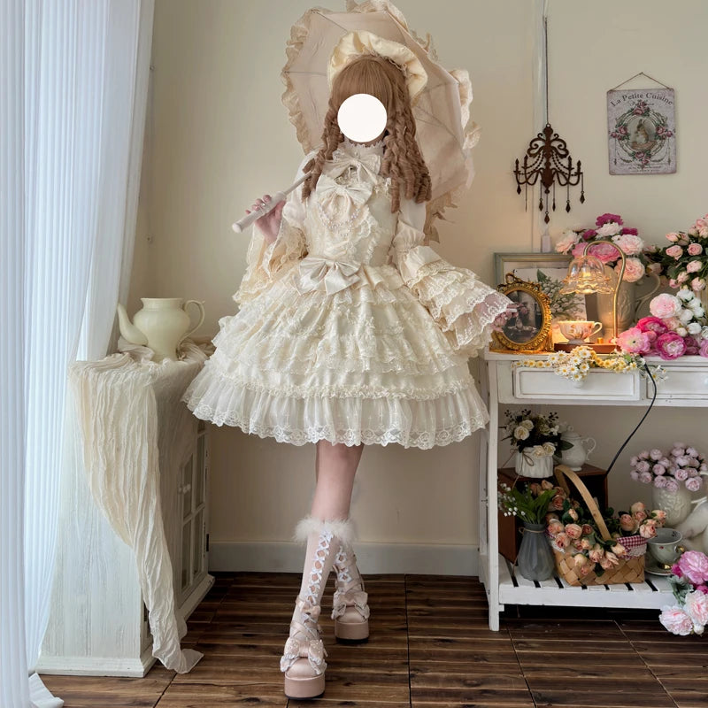 Super Fairy Lolita Dress Set New Spring and Autumn Sweet Girl Women's Flower Lace Bow Shirt Princess Jsk Suspender Dress