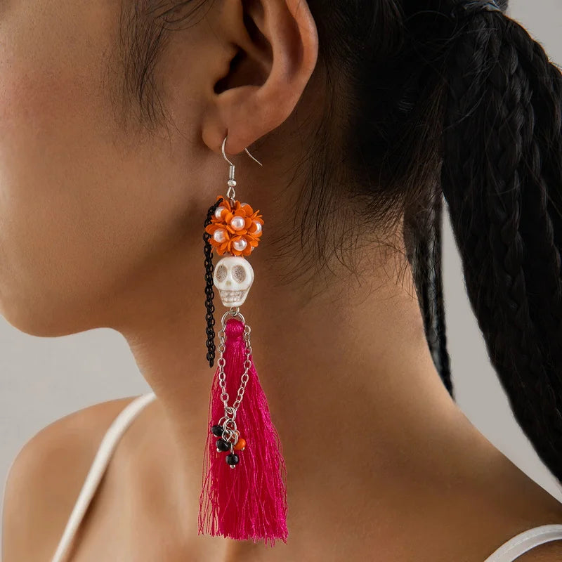 Halloween Skeleton Bride Skull Tassel Ear Dangle Earrings for Women Gothic Skull Drop Earrings Festival Party Jewelry Gift