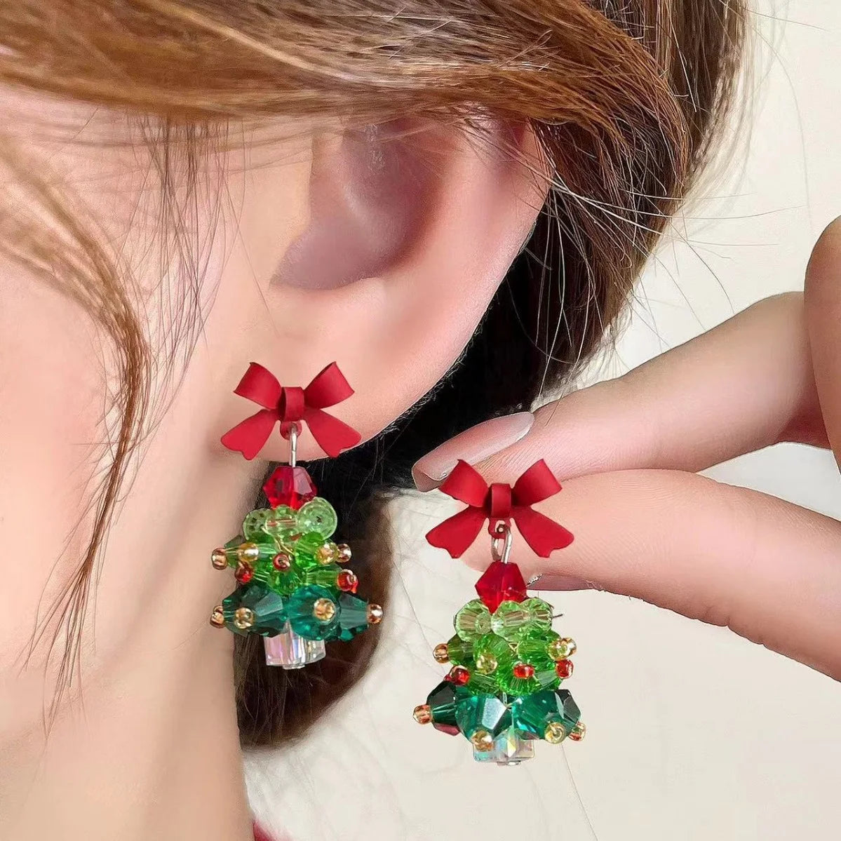 Red Bow Christmas Tree Drop Earrings for Women Silver Plated Needle Girl Party Jewelry New Year Gift