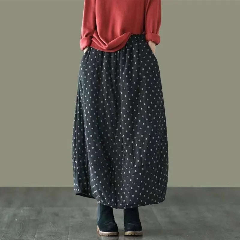 Careaymade New Autumn Winter Print Cotton Skirt Women Elastic Waist Thick Warm Long Skirts Female Loose Vintage Skirts