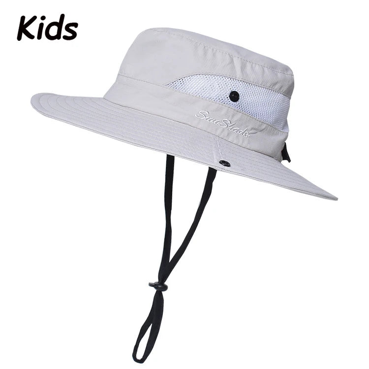 Women Summer Adjustable Bucket Hat with a Ponytail Hole Girls Sun Protection Hiking Cap Parent-child Outdoor Wide Brim Headgear